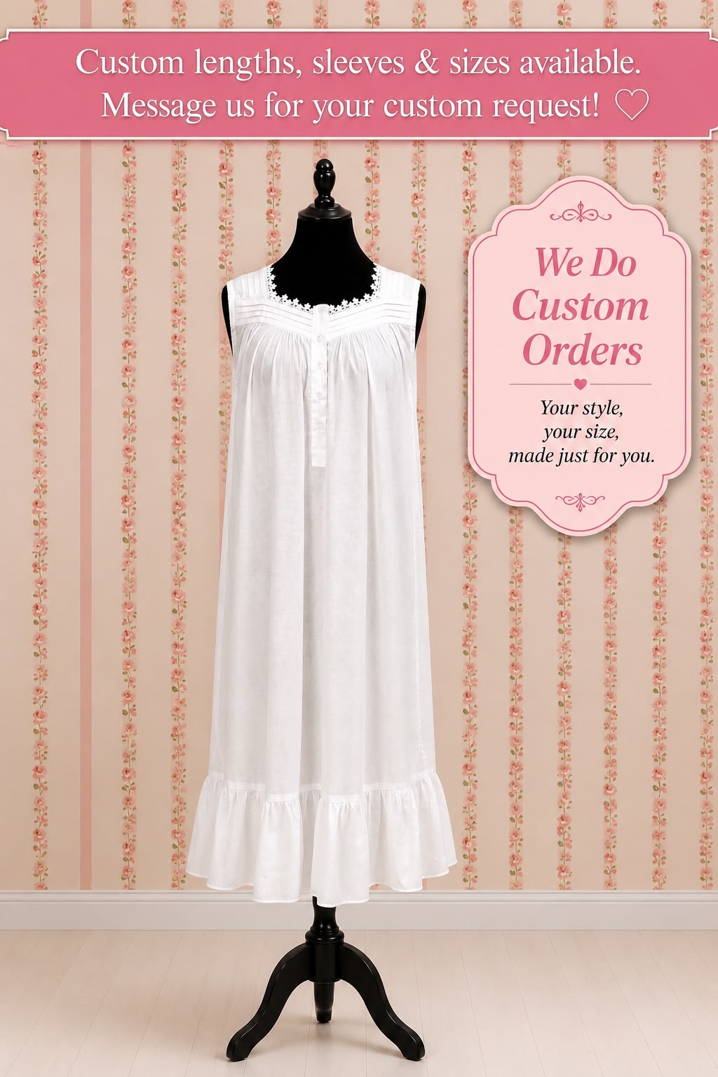 SoieRose SR-1162 Victorian 100% Cotton Sleeveless Midi Nightgown