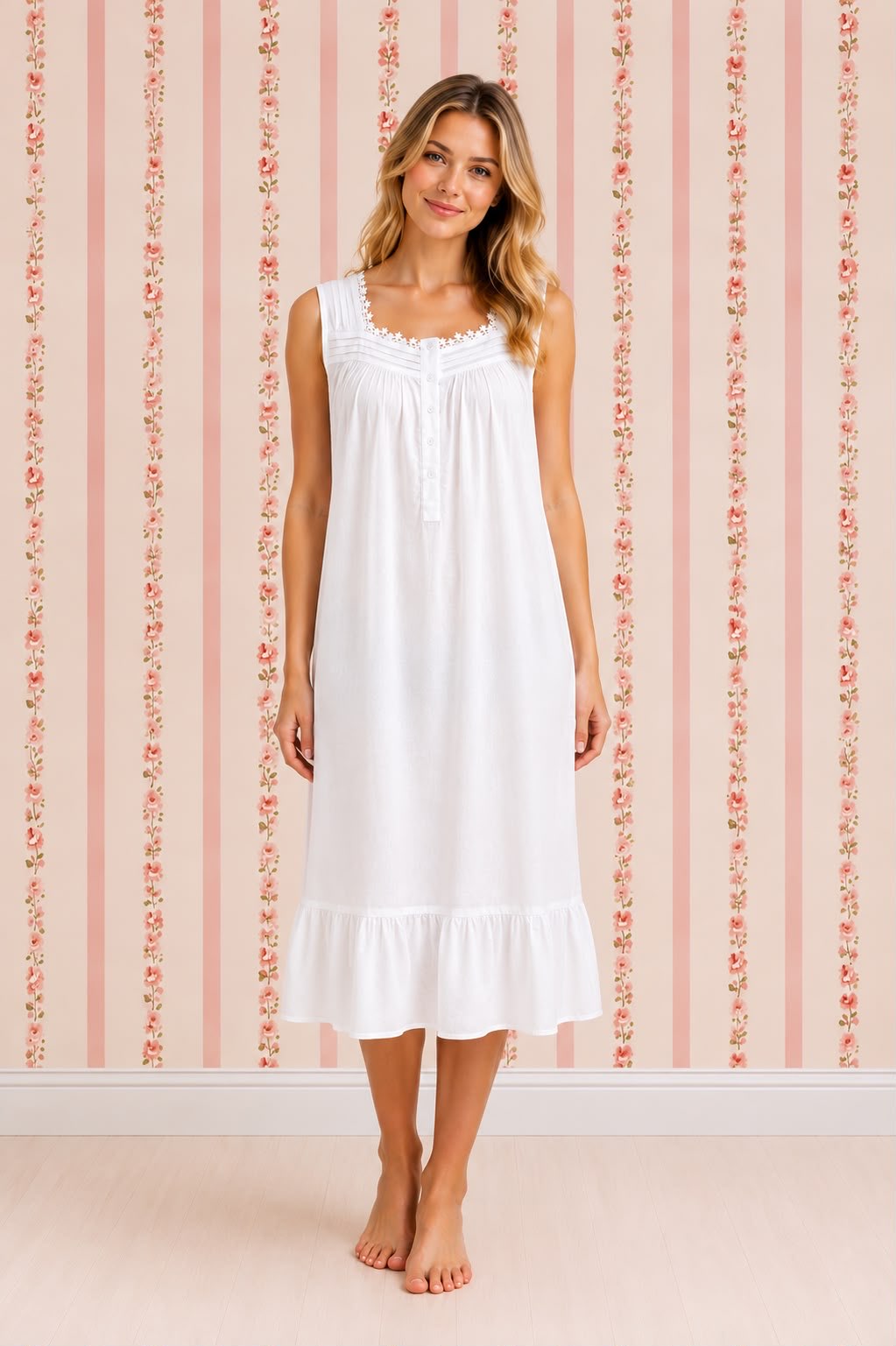 SoieRose SR-1162 Victorian 100% Cotton Sleeveless Midi Nightgown