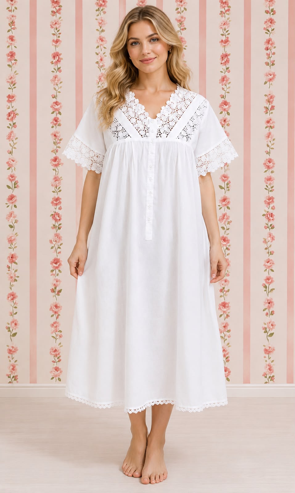 SoieRose SR-1164 Victorian-Inspired White 100% Cotton Nightgown