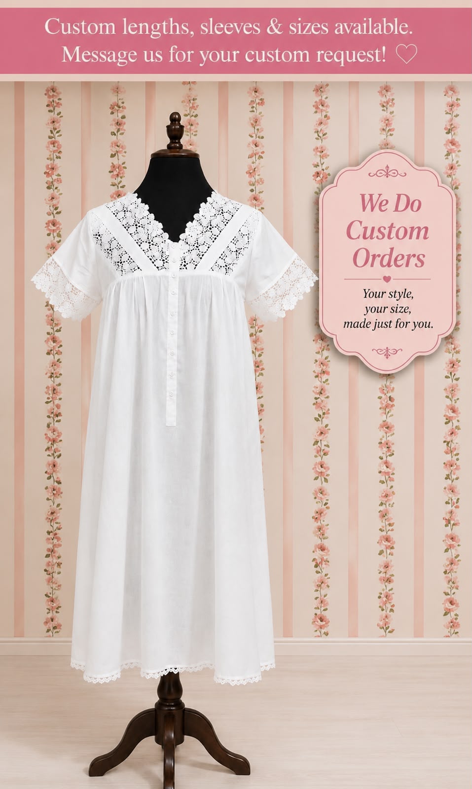 SoieRose SR-1164 Victorian-Inspired White 100% Cotton Nightgown