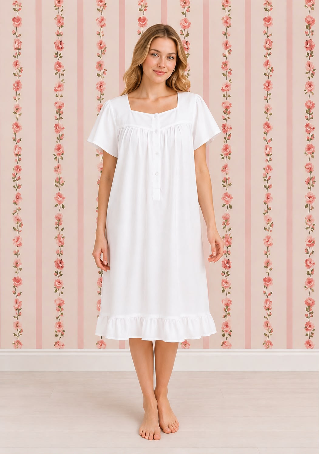Victorian 100% Cotton Nightgown with Short Sleeves & Ruffle Hem | SoieRose SR1168