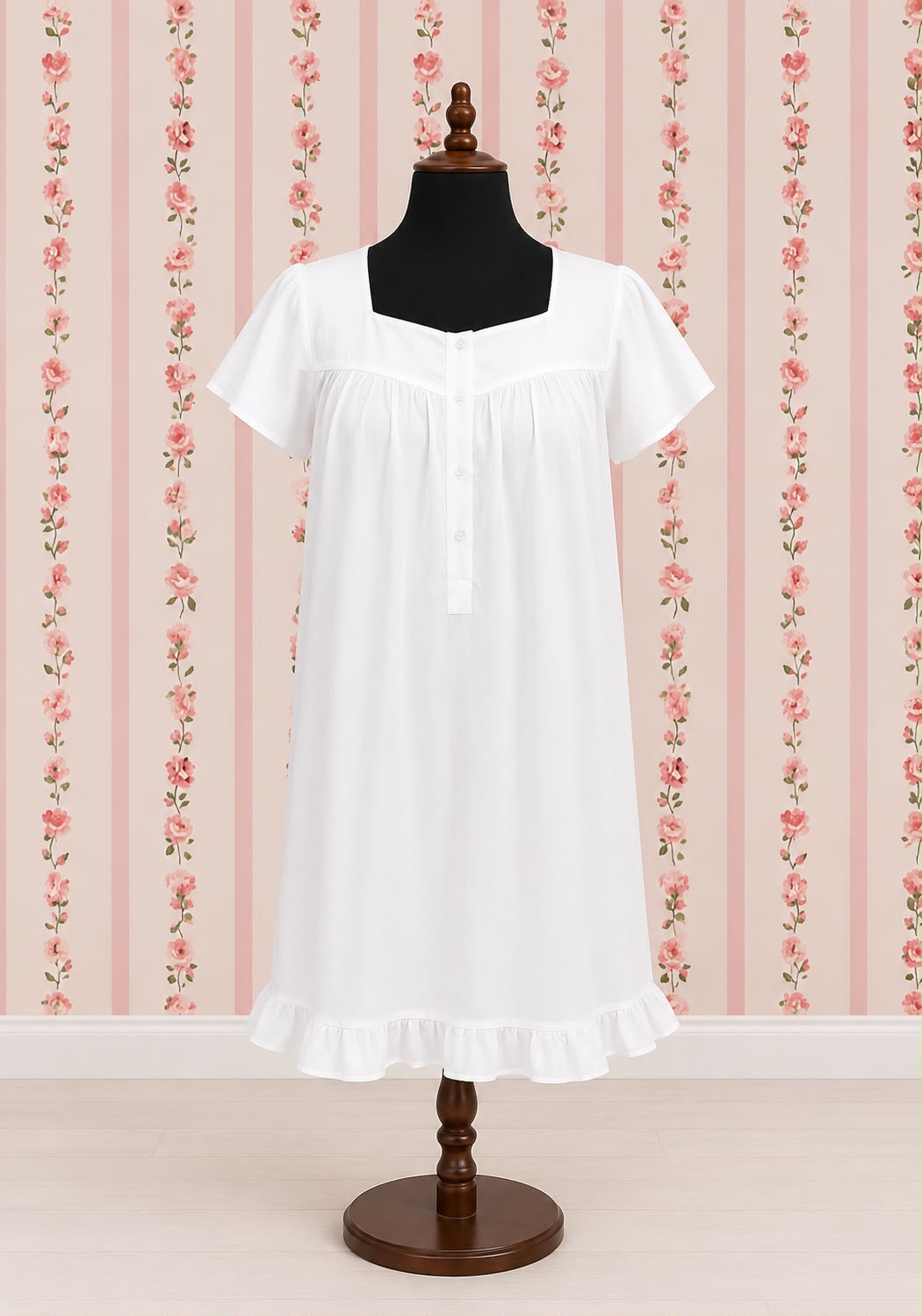 Victorian 100% Cotton Nightgown with Short Sleeves & Ruffle Hem | SoieRose SR1168