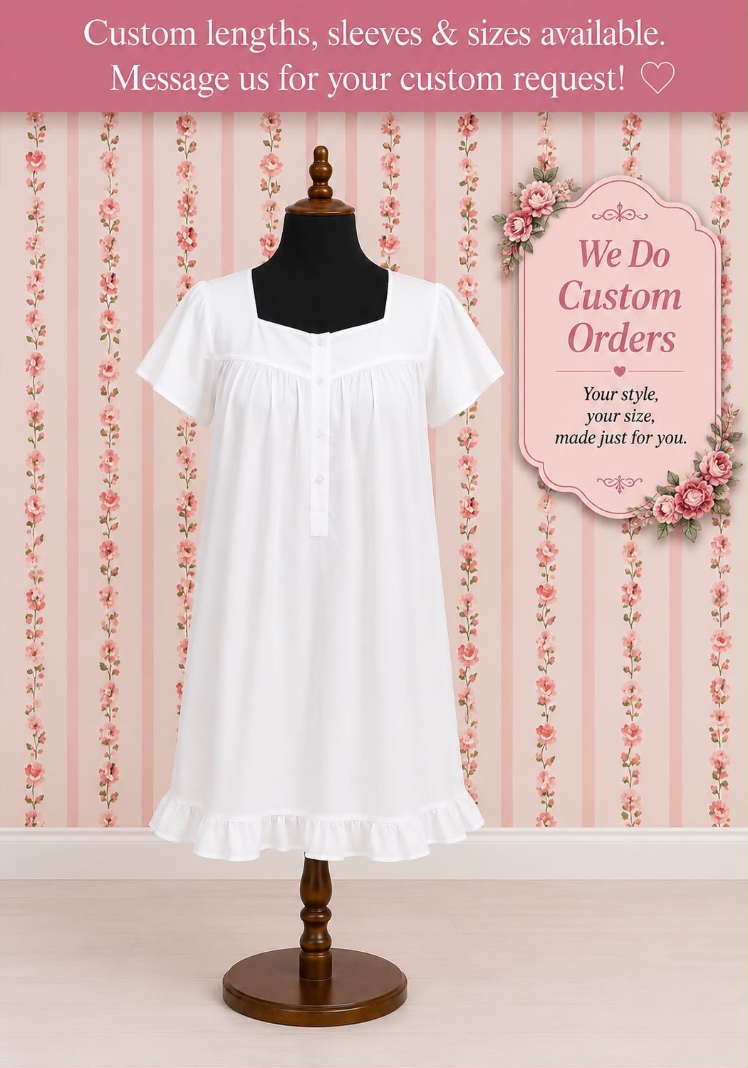 Victorian 100% Cotton Nightgown with Short Sleeves & Ruffle Hem | SoieRose SR1168