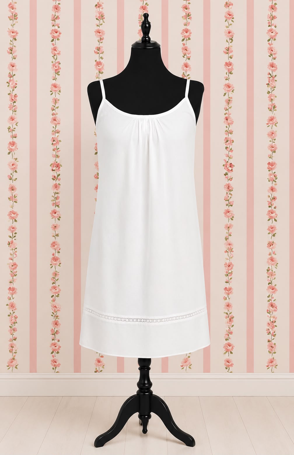 Victorian 100% Cotton Nightgown with Lace Trim | Sleeveless Strap Dress | SoieRose SR1169