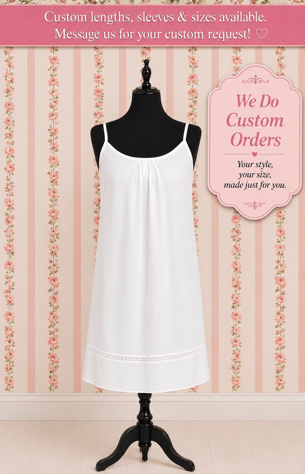 Victorian 100% Cotton Nightgown with Lace Trim | Sleeveless Strap Dress | SoieRose SR1169