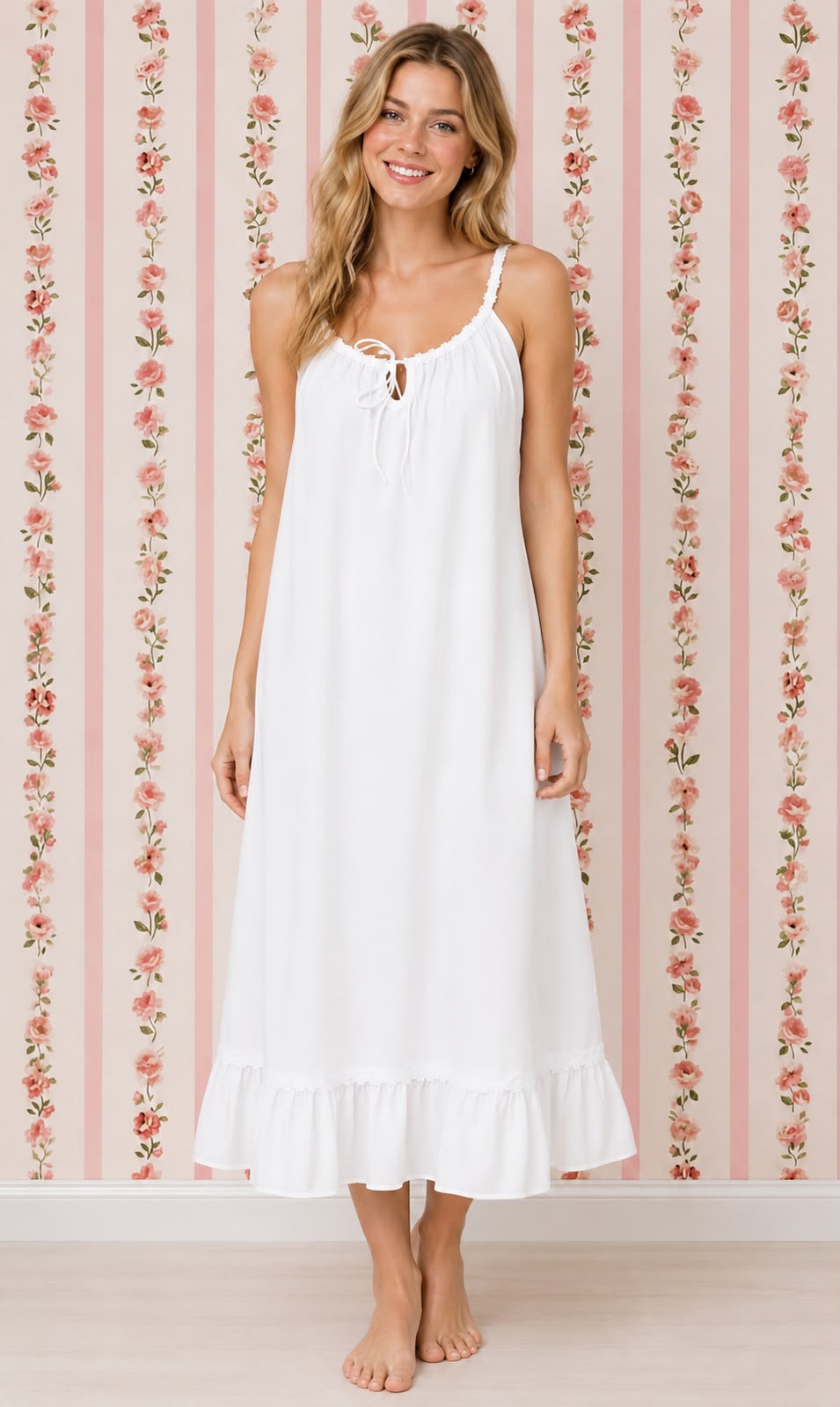 Victorian 100% Cotton Nightgown with Drawstring Neckline | Ruffle Hem | SoieRose SR1170