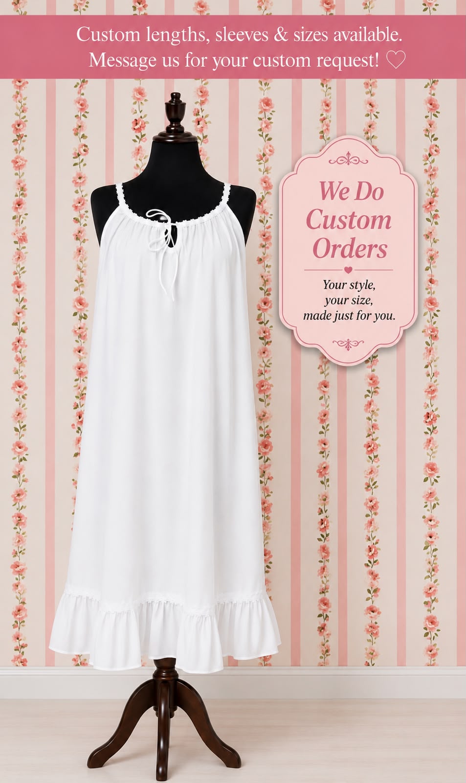 Victorian 100% Cotton Nightgown with Drawstring Neckline | Ruffle Hem | SoieRose SR1170