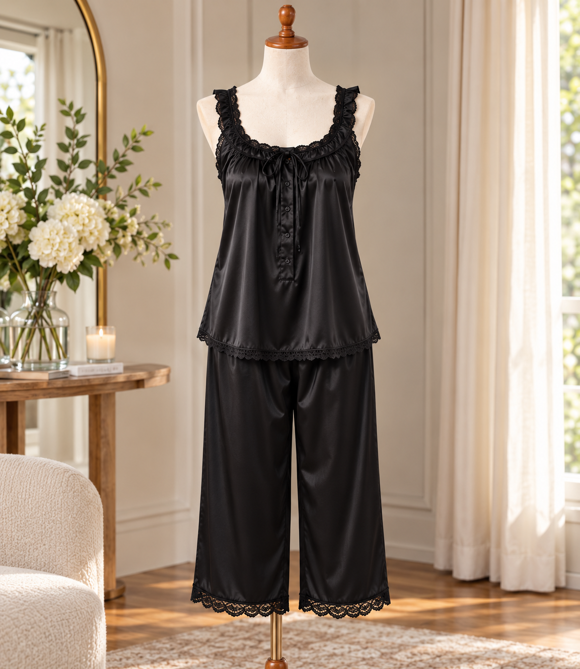 SoieRose Mirelle 100% Silk Pajama Set, 22 Momme Lace Trim Luxury Sleepwear