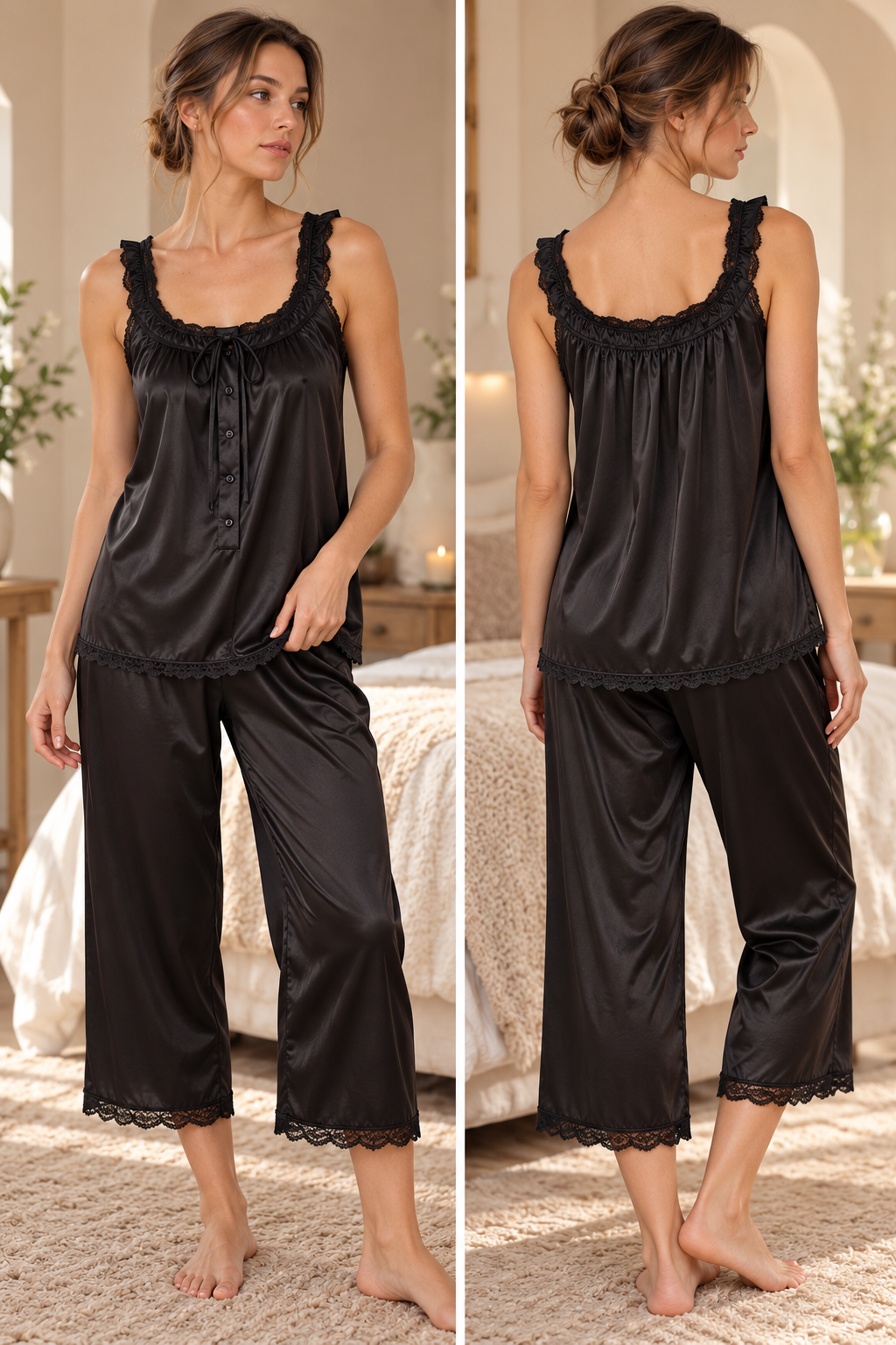 SoieRose Mirelle 100% Silk Pajama Set, 22 Momme Lace Trim Luxury Sleepwear
