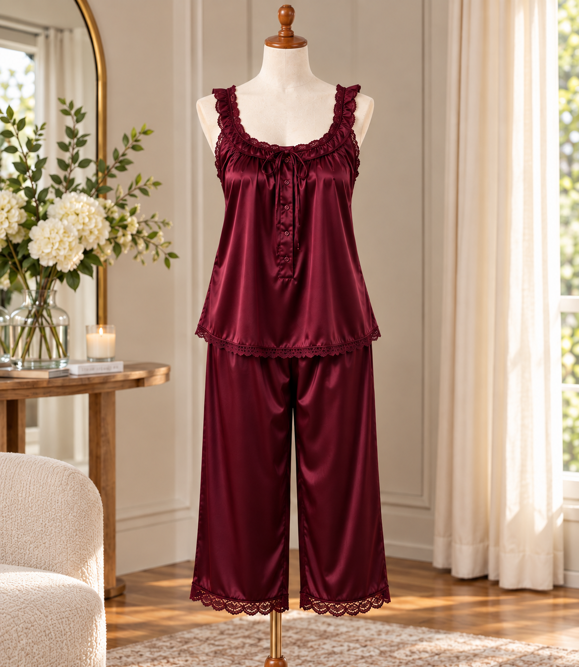 SoieRose Mirelle 100% Silk Pajama Set, 22 Momme Lace Trim Luxury Sleepwear