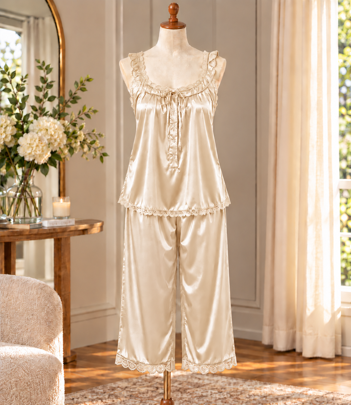SoieRose Mirelle 100% Silk Pajama Set, 22 Momme Lace Trim Luxury Sleepwear