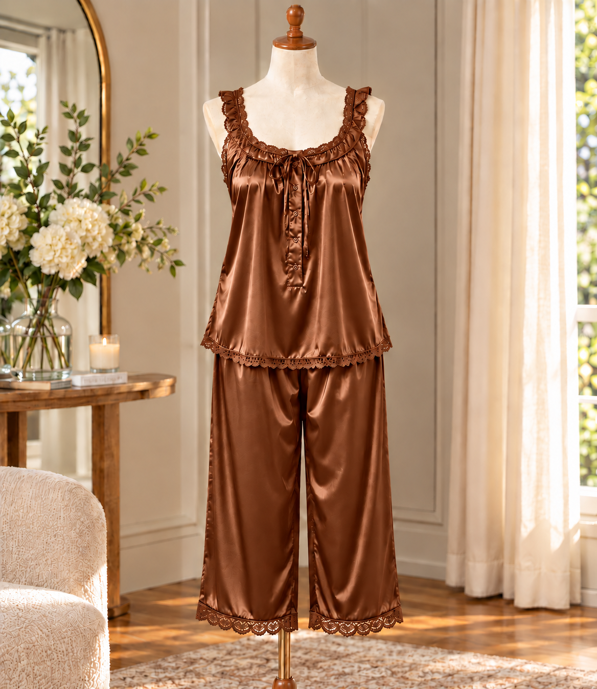 SoieRose Mirelle 100% Silk Pajama Set, 22 Momme Lace Trim Luxury Sleepwear