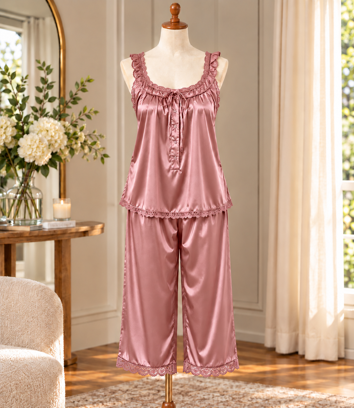 SoieRose Mirelle 100% Silk Pajama Set, 22 Momme Lace Trim Luxury Sleepwear