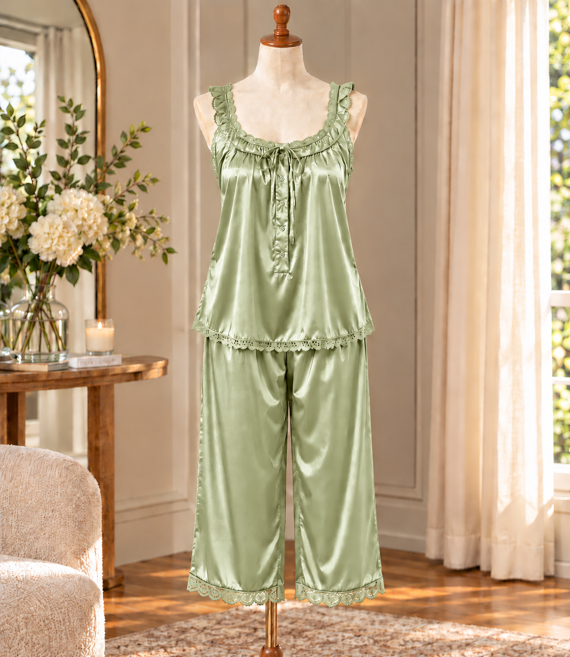 SoieRose Mirelle 100% Silk Pajama Set, 22 Momme Lace Trim Luxury Sleepwear