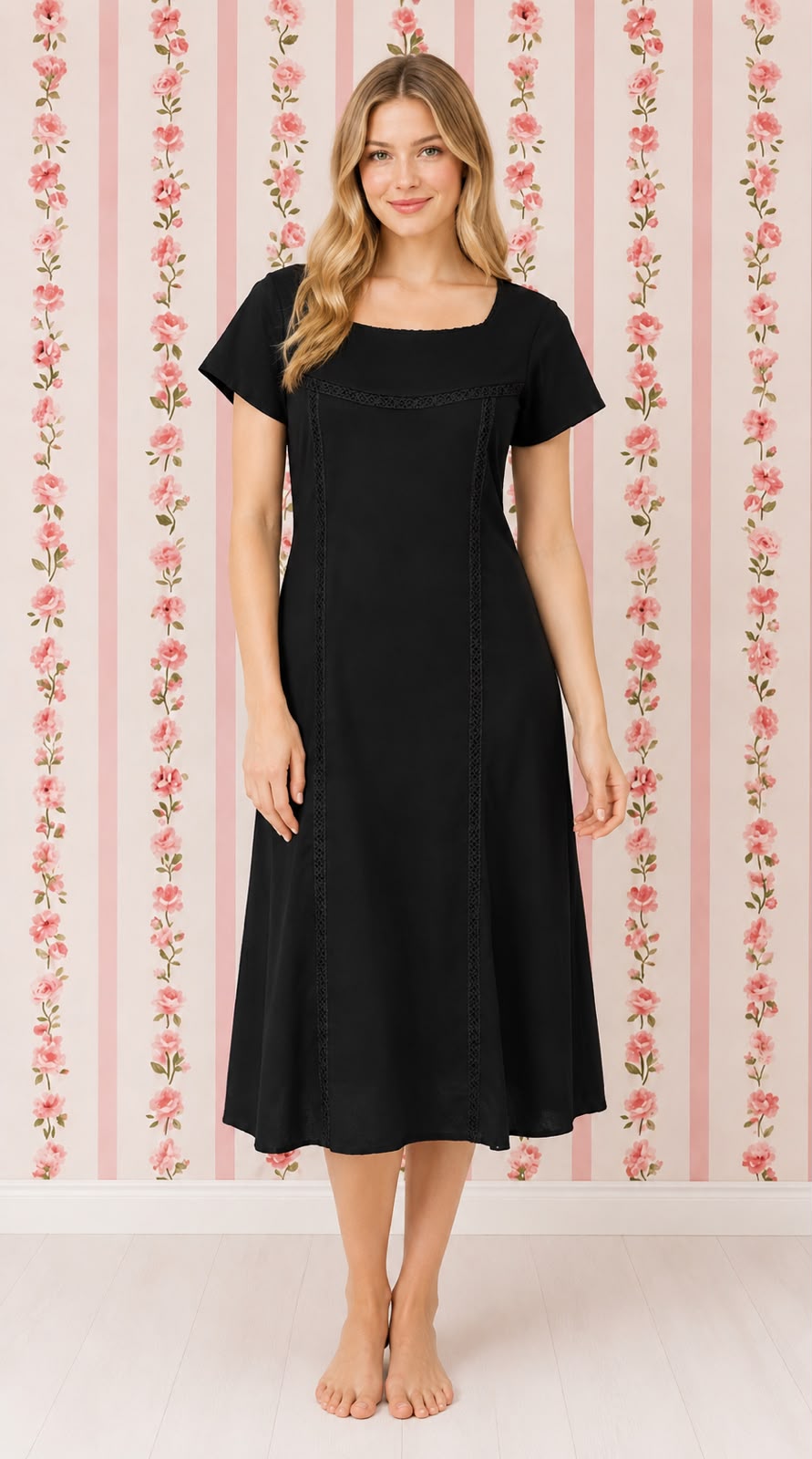 SoieRose SR1181 Black Cotton Victorian Nightgown – Short Sleeve