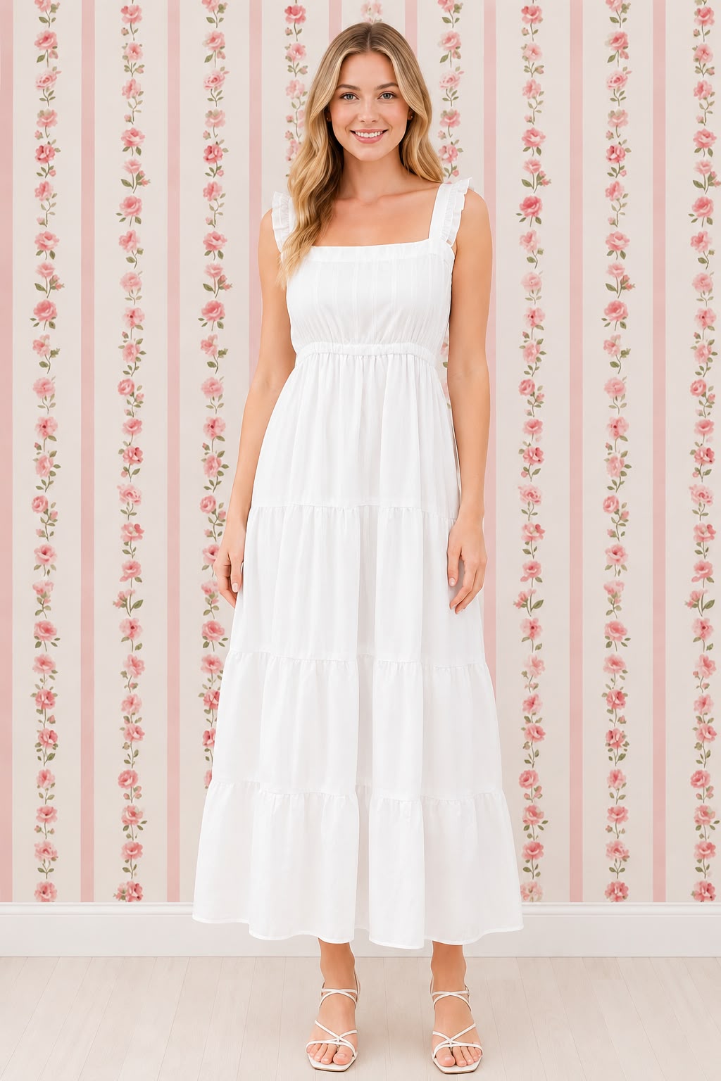 SoieRose White 100% Cotton Prairie Tiered Maxi Dress - SR-1313