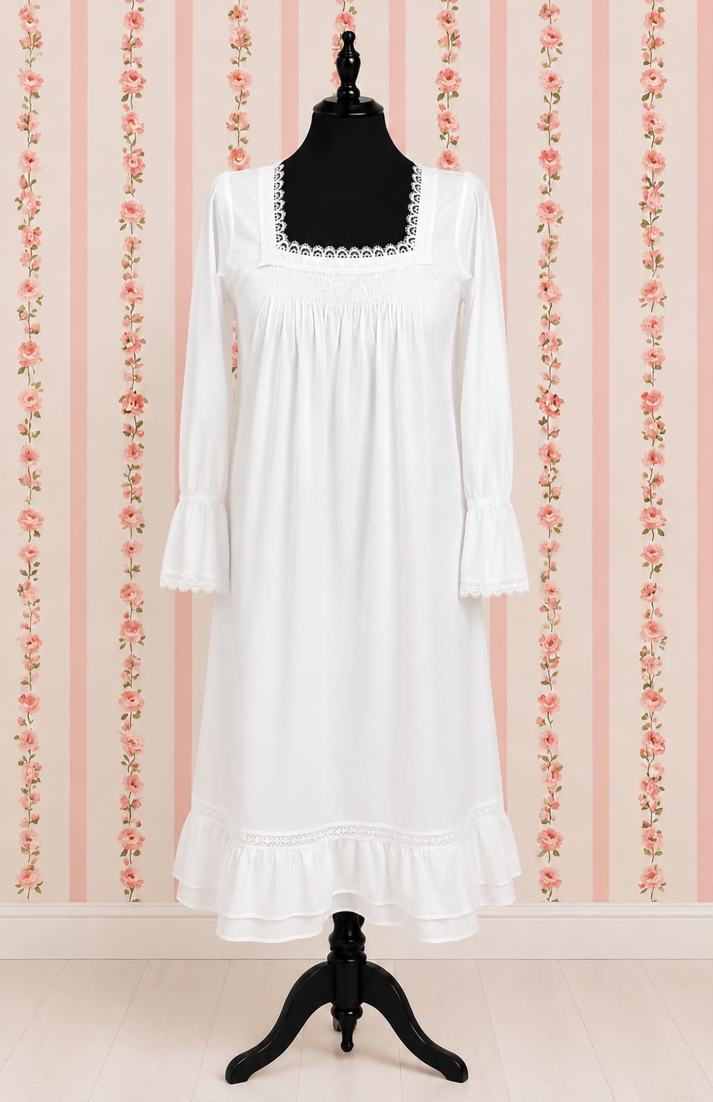 SoieRose SR-1214 Victorian 100% Cotton Nightgown – Smocked Bodice & Ruffle Hem Elegance