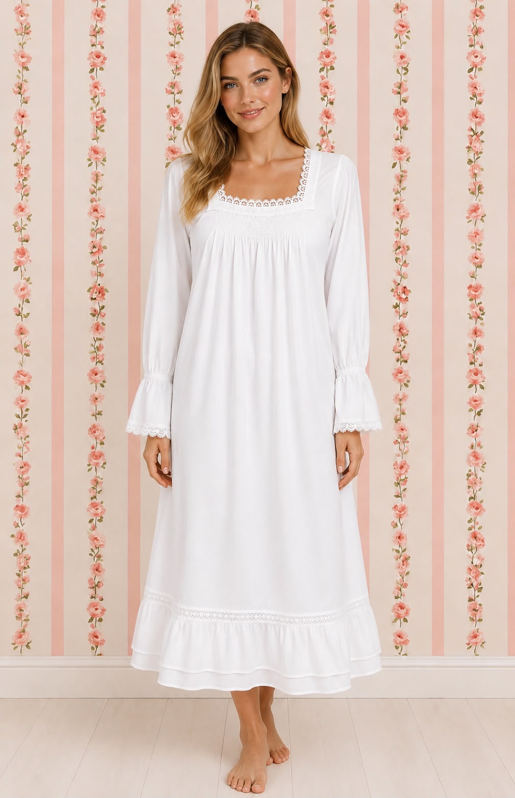 SoieRose SR-1214 Victorian 100% Cotton Nightgown – Smocked Bodice & Ruffle Hem Elegance