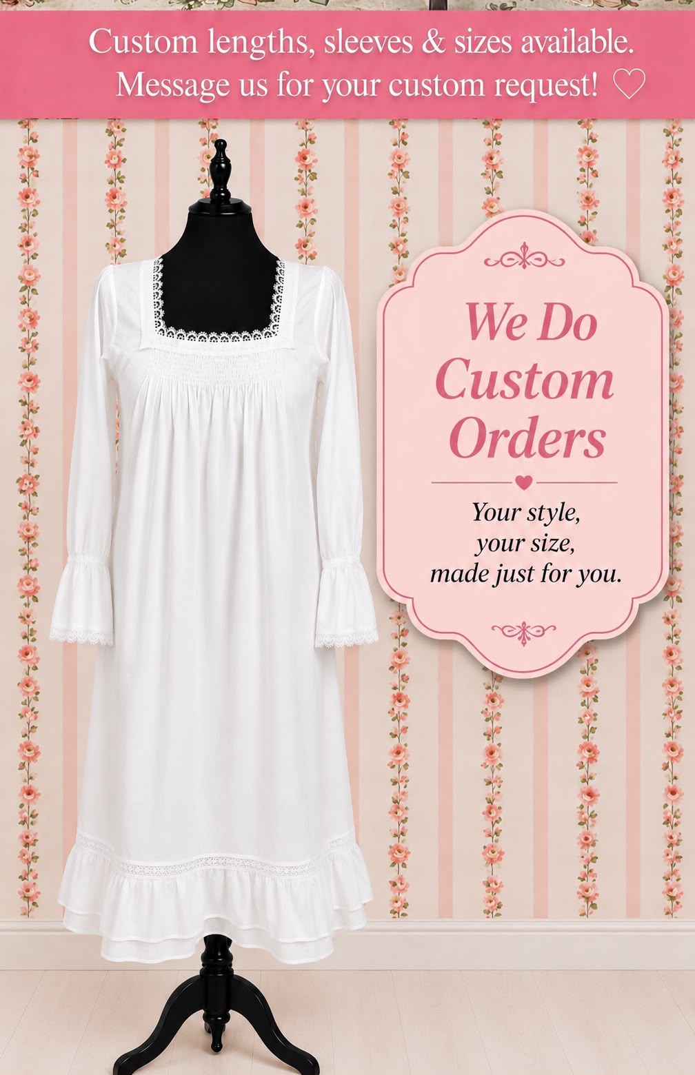 SoieRose SR-1214 Victorian 100% Cotton Nightgown – Smocked Bodice & Ruffle Hem Elegance