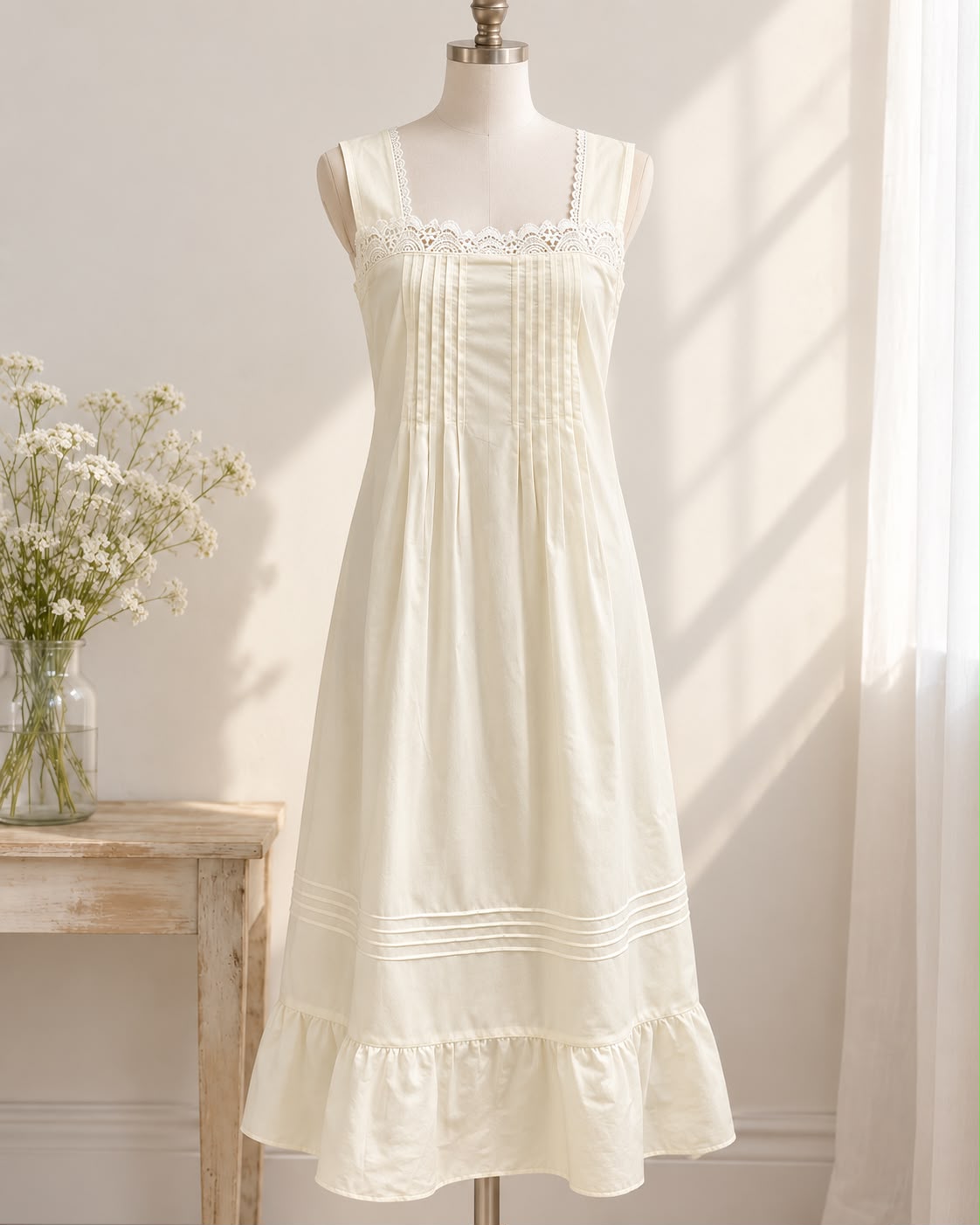 SoieRose Victorian 100% Cotton Sleeveless Nightgown with Lace Bodice – SR-1228