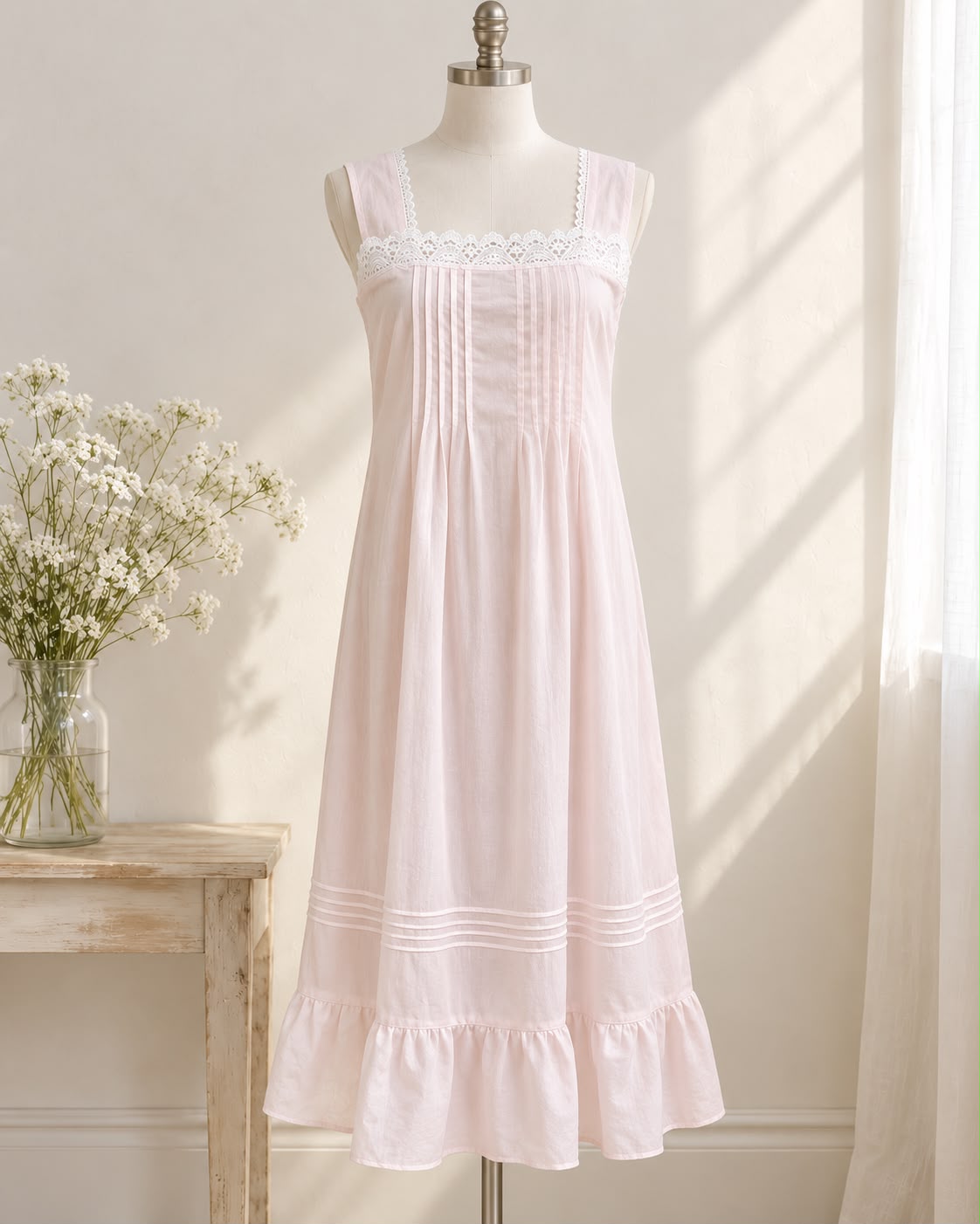 SoieRose Victorian 100% Cotton Sleeveless Nightgown with Lace Bodice – SR-1228