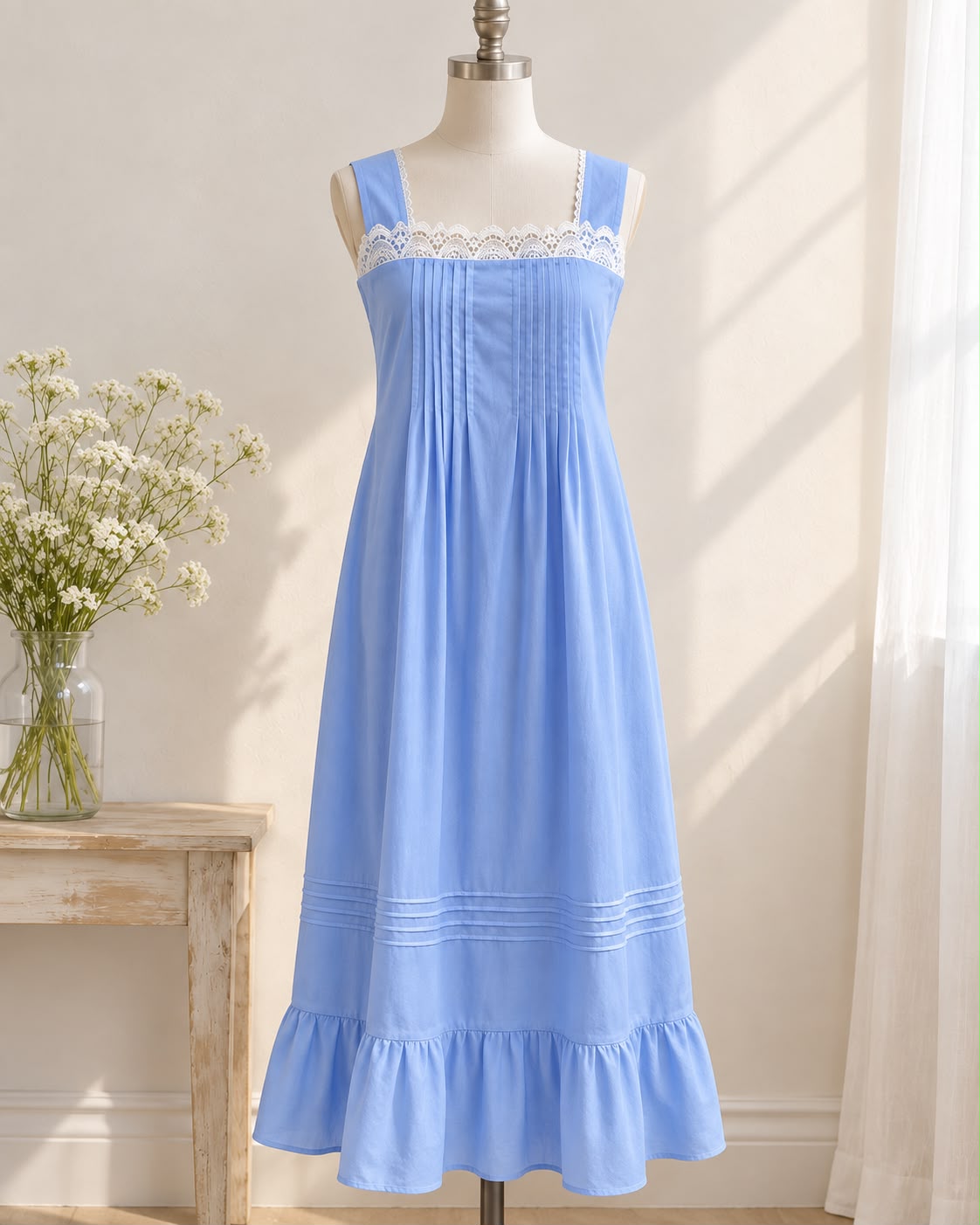SoieRose Victorian 100% Cotton Sleeveless Nightgown with Lace Bodice – SR-1228