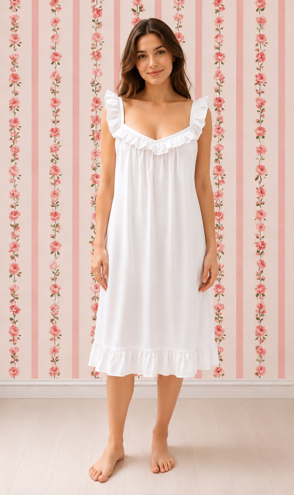 SoieRose White Cotton Victorian Nightgown Ruffle Chemise SR-1285