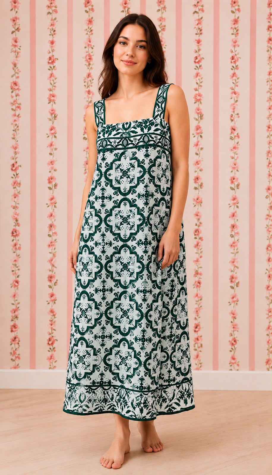 SoieRose 100% Cotton Emerald Green and White Print Victorian Inspired Sleeveless Nightgown SR-1288