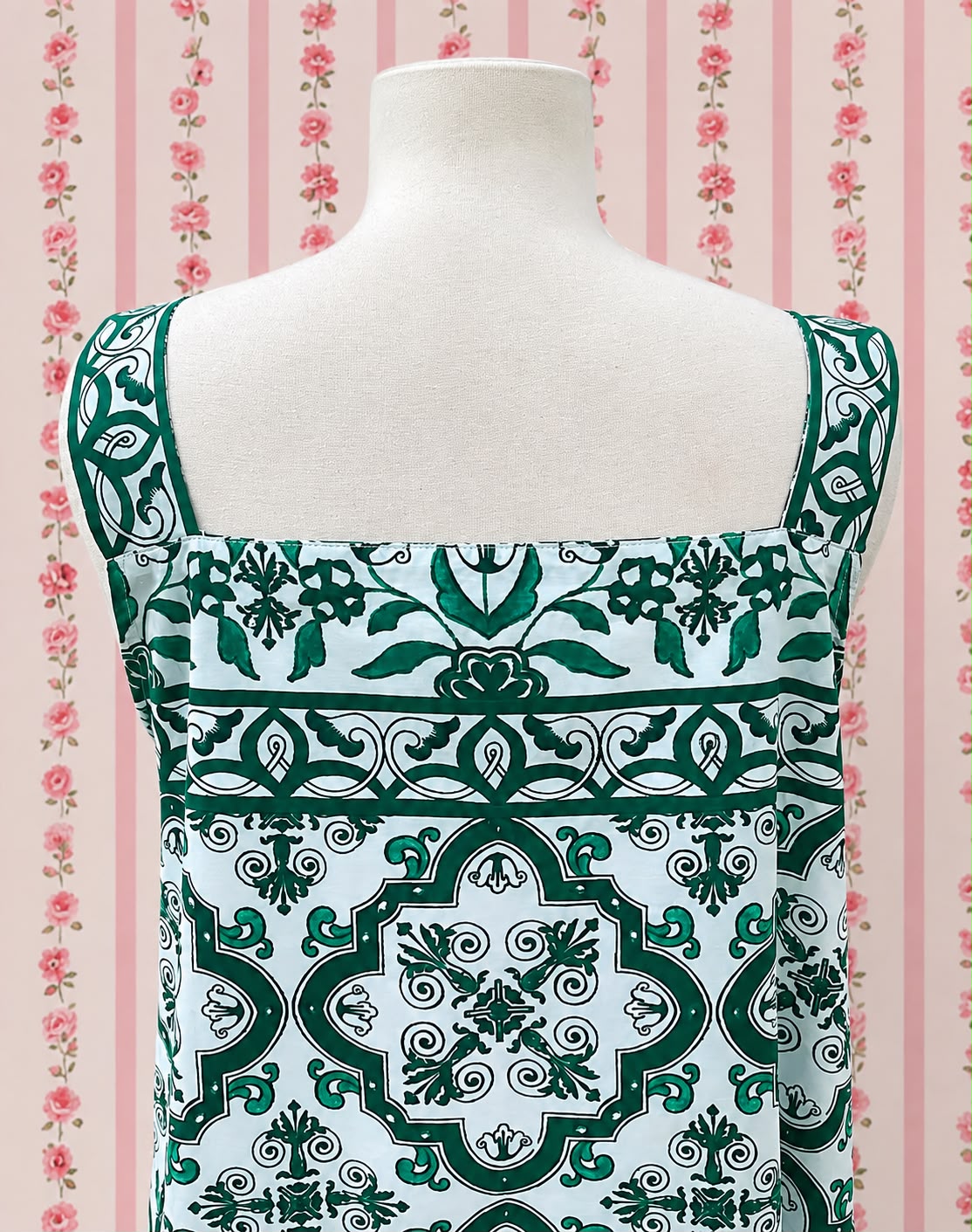 SoieRose 100% Cotton Emerald Green and White Print Victorian Inspired Sleeveless Nightgown SR-1288
