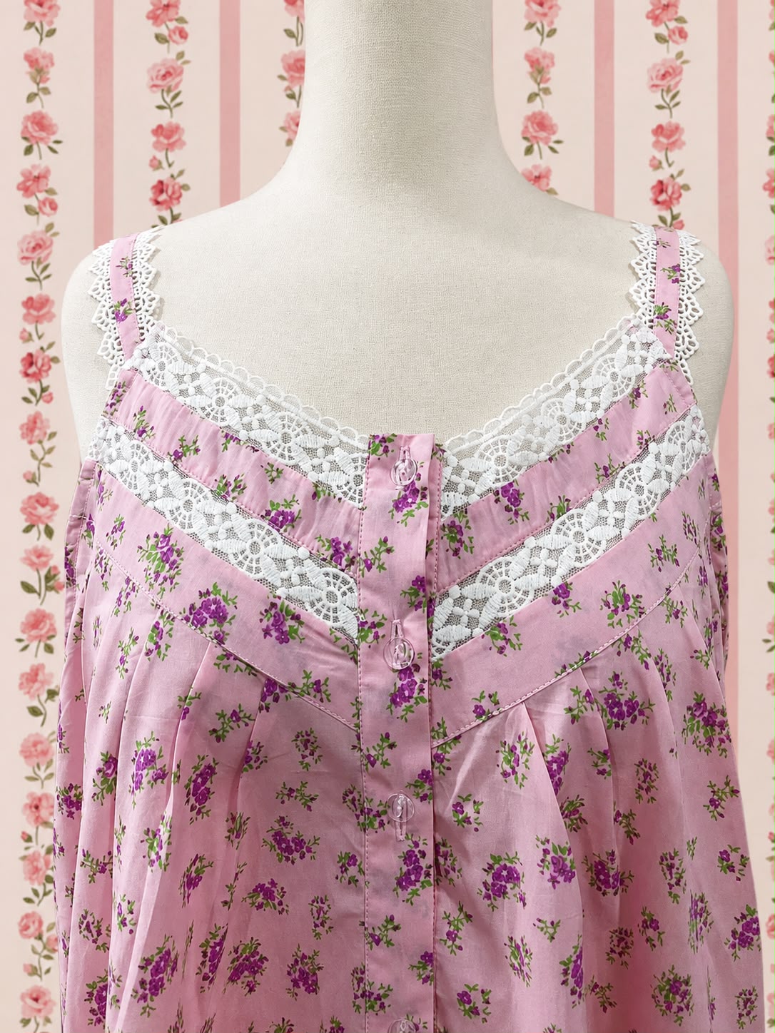 SoieRose 100% Cotton Pink Ditsy Floral Victorian Sleeveless Vintage Lace Trim Nightgown SR-1289