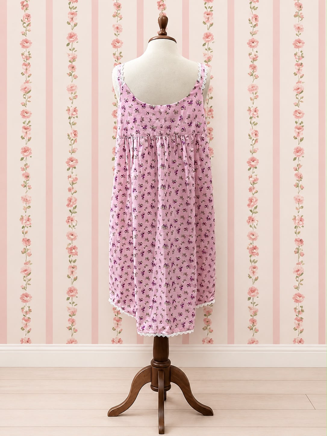 SoieRose 100% Cotton Pink Ditsy Floral Victorian Sleeveless Vintage Lace Trim Nightgown SR-1289