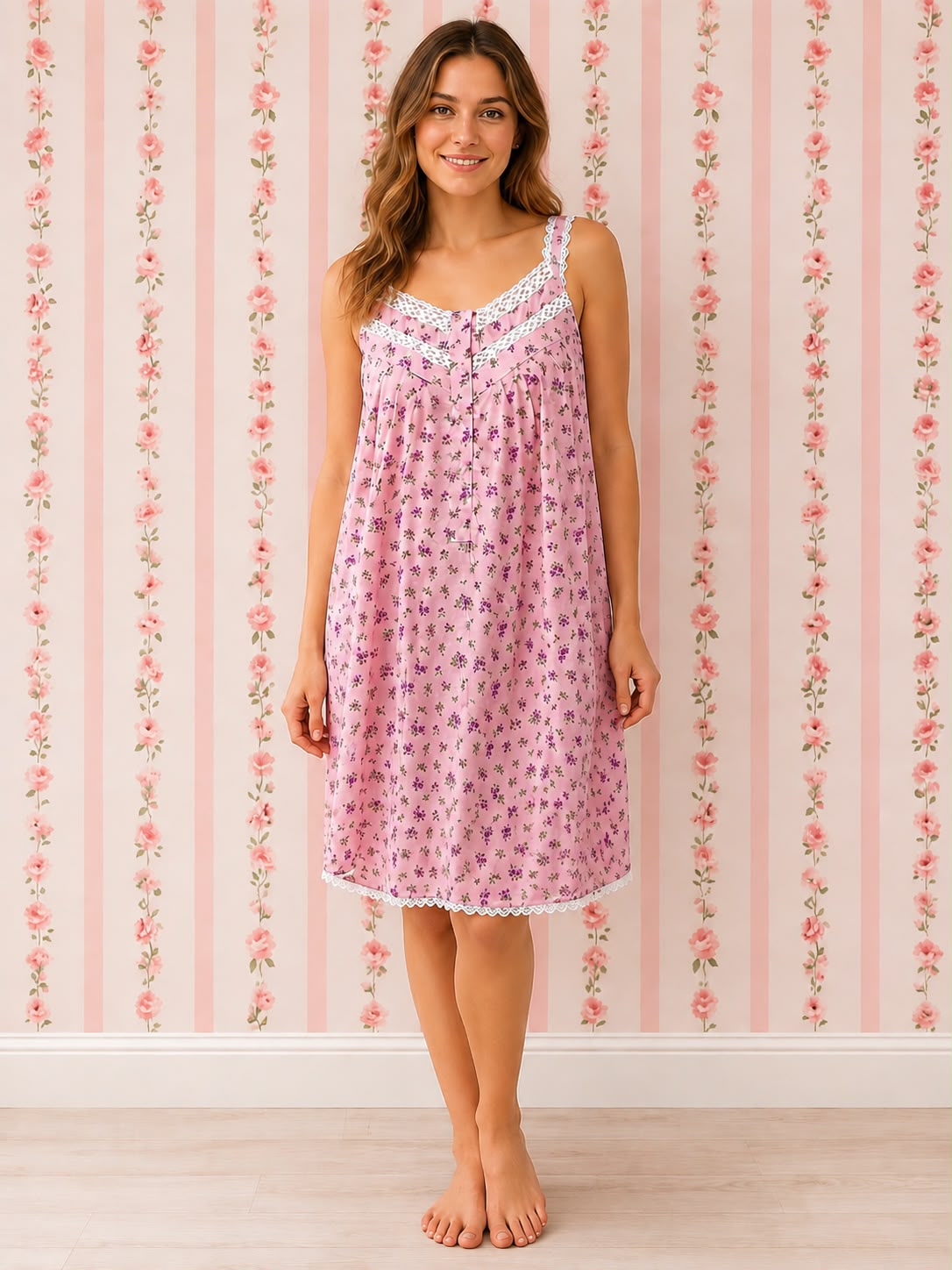 SoieRose 100% Cotton Pink Ditsy Floral Victorian Sleeveless Vintage Lace Trim Nightgown SR-1289