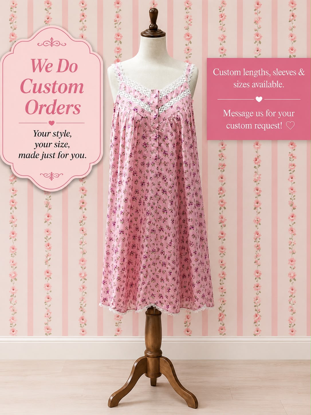 SoieRose 100% Cotton Pink Ditsy Floral Victorian Sleeveless Vintage Lace Trim Nightgown SR-1289