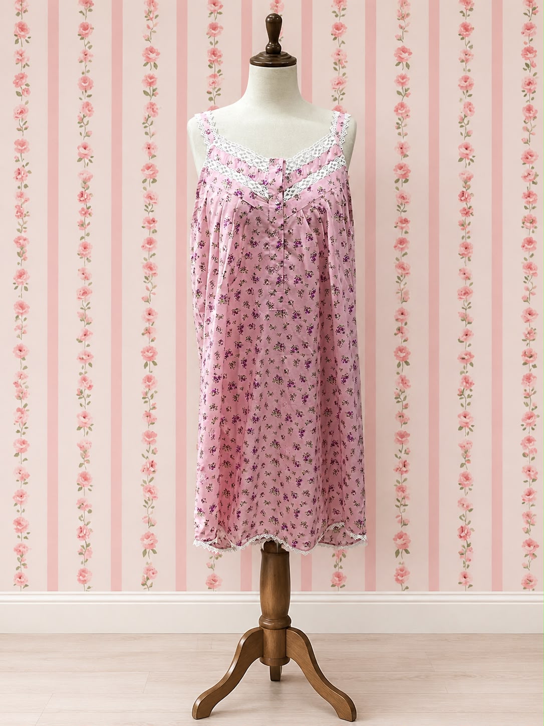 SoieRose 100% Cotton Pink Ditsy Floral Victorian Sleeveless Vintage Lace Trim Nightgown SR-1289