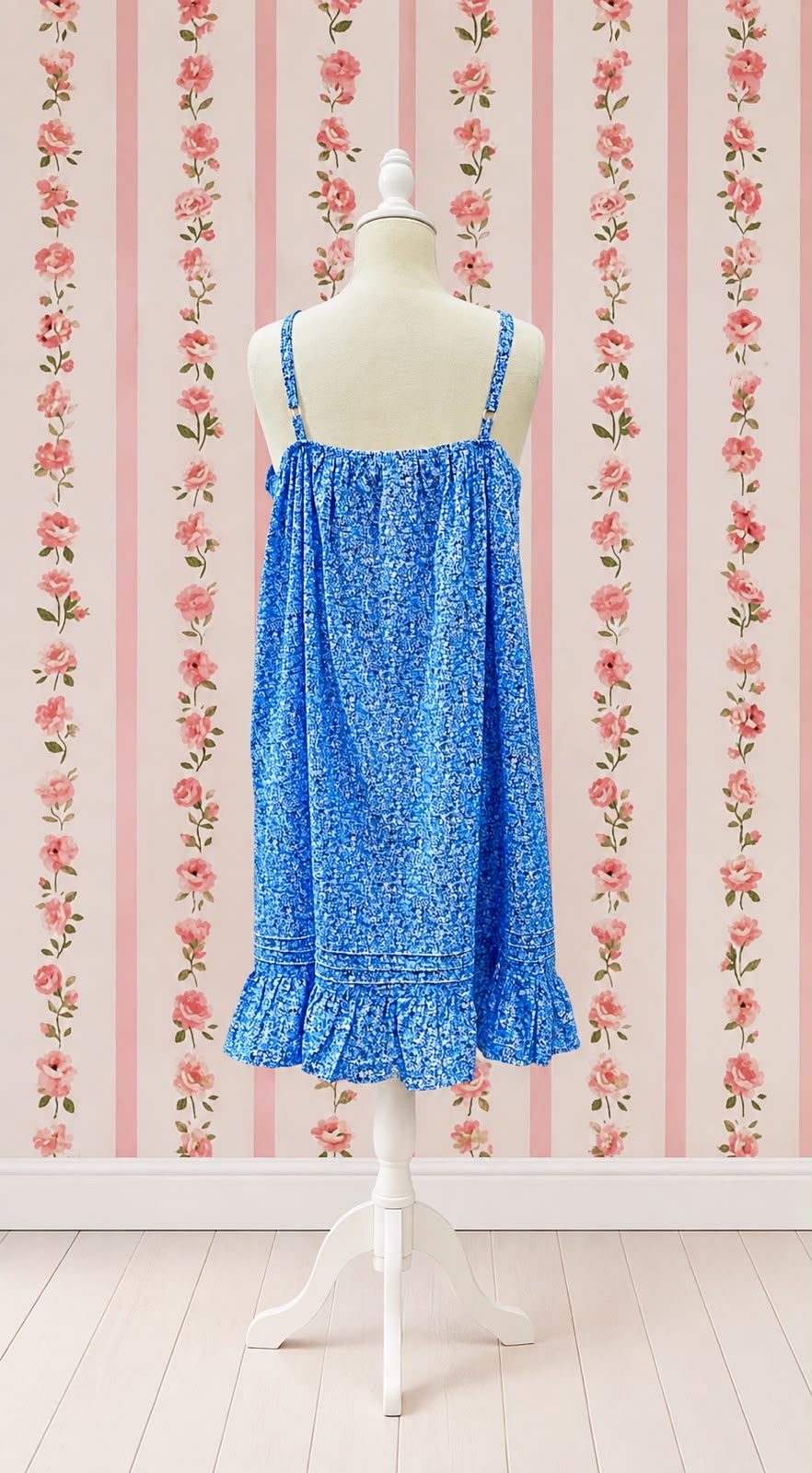 SoieRose French Blue Ditsy Floral 100% Cotton Victorian Vintage Ruffle Hem Nightgown - SR-1293
