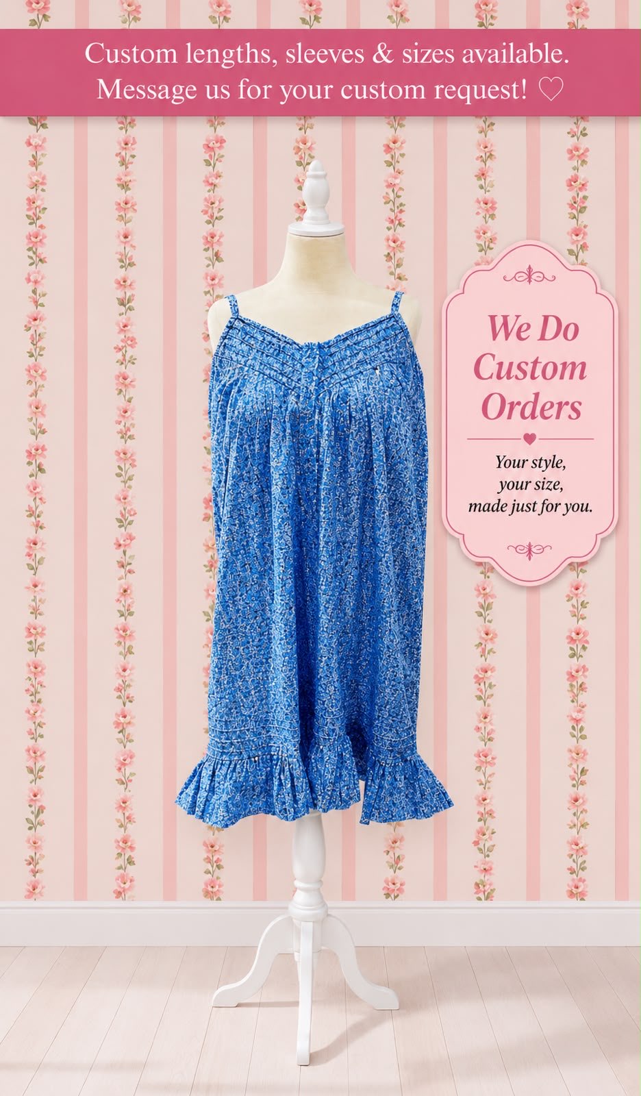SoieRose French Blue Ditsy Floral 100% Cotton Victorian Vintage Ruffle Hem Nightgown - SR-1293
