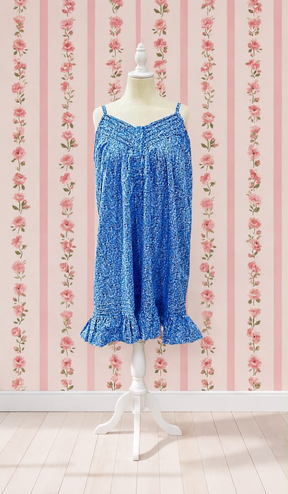 SoieRose French Blue Ditsy Floral 100% Cotton Victorian Vintage Ruffle Hem Nightgown - SR-1293