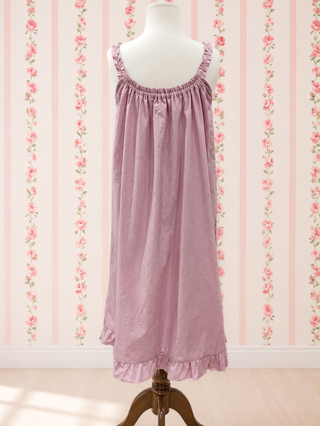SoieRose Dusty Rose Pinstripe 100% Cotton Victorian Vintage Ruffle Hem Nightgown - SR1300