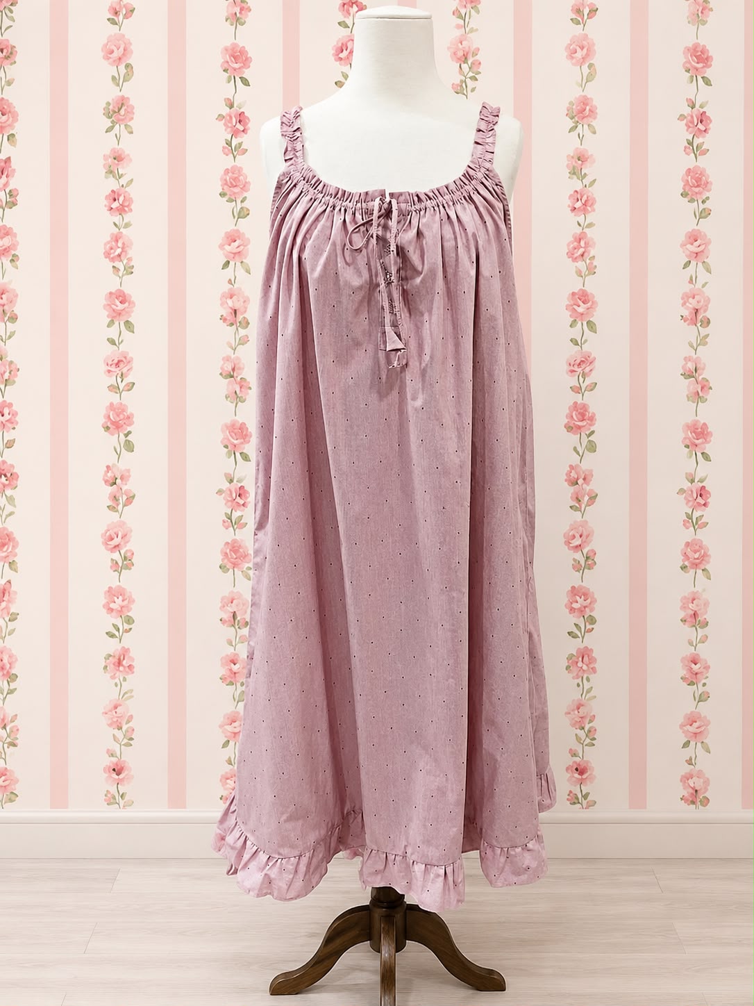 SoieRose Dusty Rose Pinstripe 100% Cotton Victorian Vintage Ruffle Hem Nightgown - SR1300