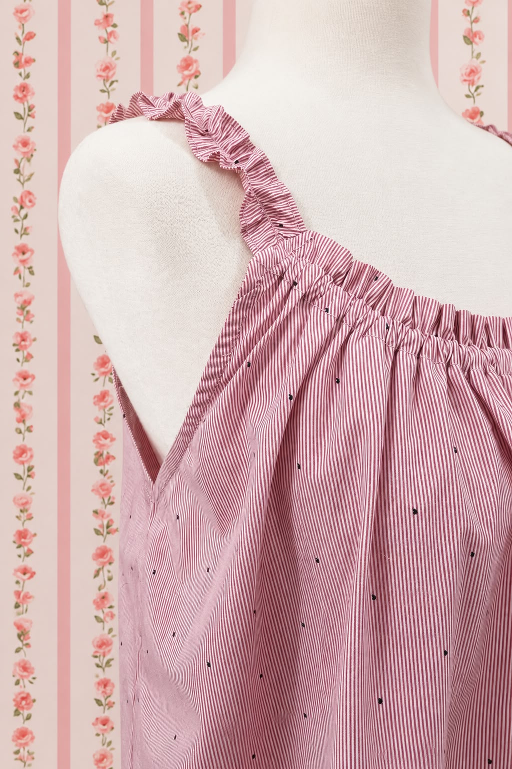 SoieRose Dusty Rose Pinstripe 100% Cotton Victorian Vintage Ruffle Hem Nightgown - SR1300