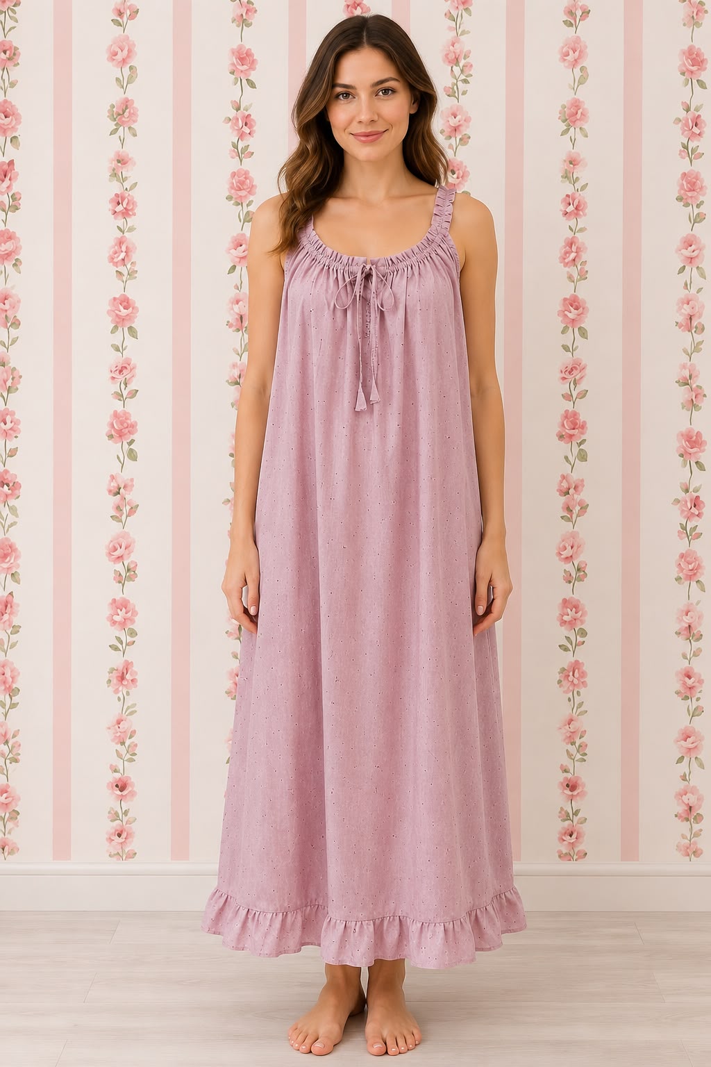 SoieRose Dusty Rose Pinstripe 100% Cotton Victorian Vintage Ruffle Hem Nightgown - SR1300