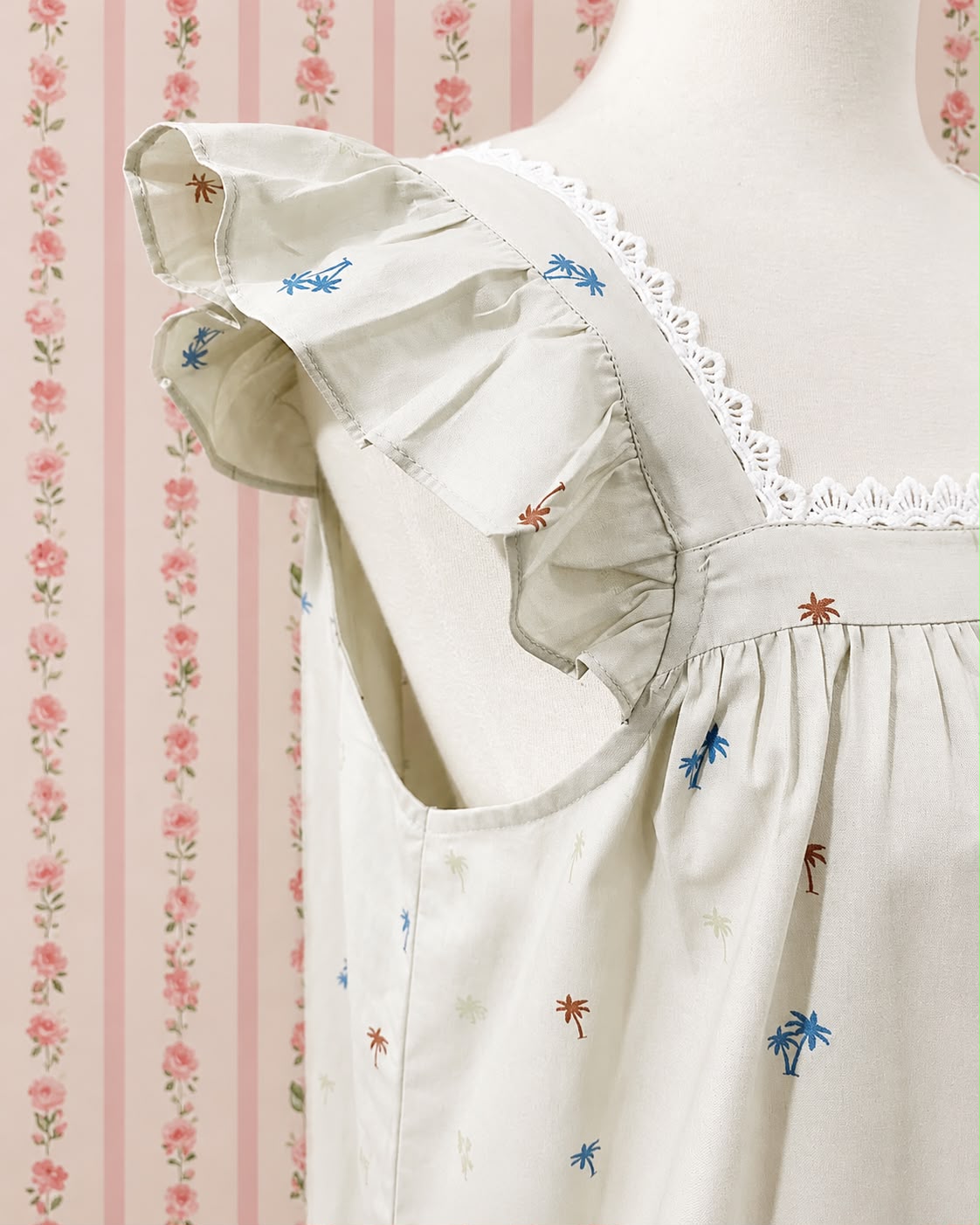 SoieRose Ivory Palm Print 100% Cotton Victorian Flutter Sleeve Nightgown - SR-1302