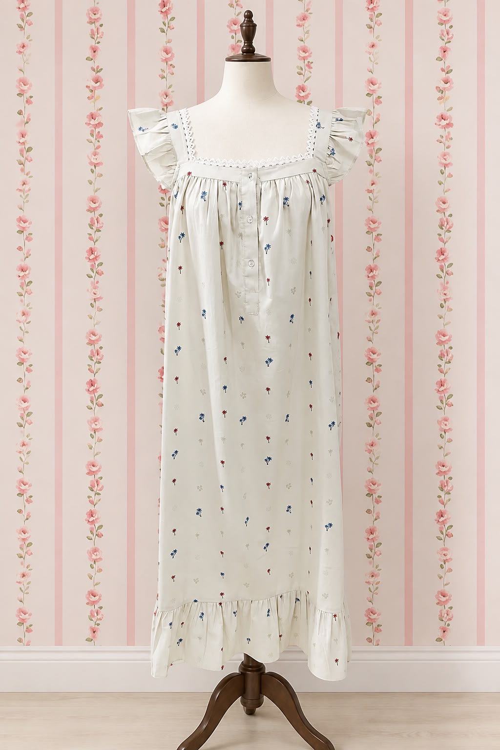 SoieRose Ivory Palm Print 100% Cotton Victorian Flutter Sleeve Nightgown - SR-1302