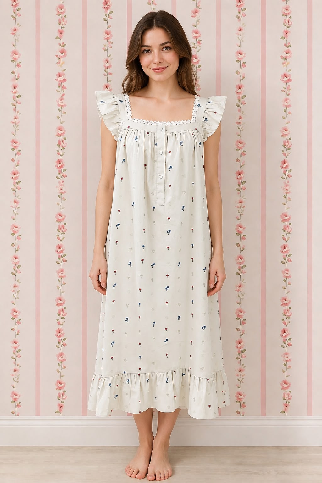 SoieRose Ivory Palm Print 100% Cotton Victorian Flutter Sleeve Nightgown - SR-1302