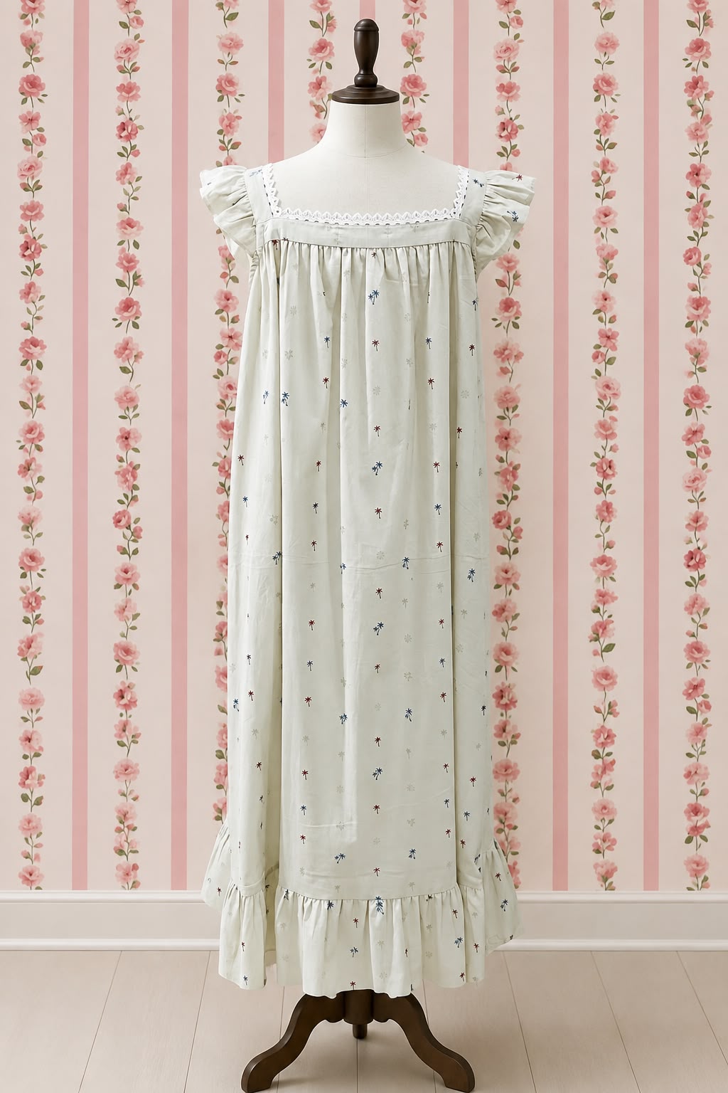 SoieRose Ivory Palm Print 100% Cotton Victorian Flutter Sleeve Nightgown - SR-1302