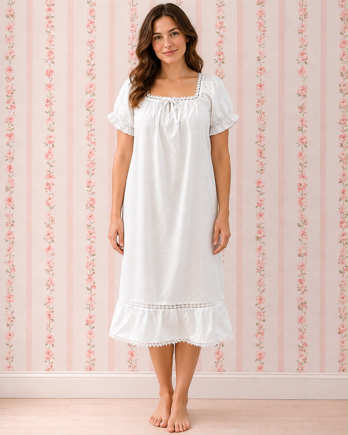 White Cotton Prairie Puff Sleeve Victorian Nightgown for Women - SoieRose SR-1311