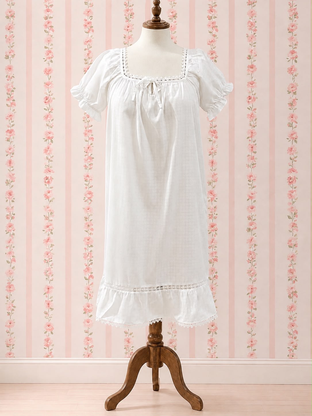 White Cotton Prairie Puff Sleeve Victorian Nightgown for Women - SoieRose SR-1311