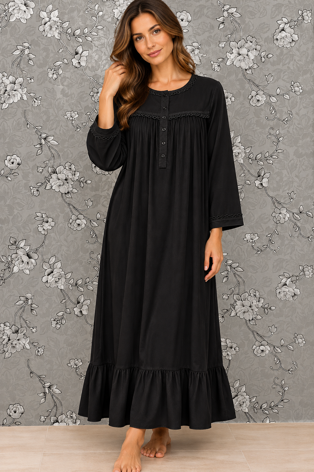 SoieRose 100% White Cotton  3/4 sleeves Victorian Nightgown - SR-1016