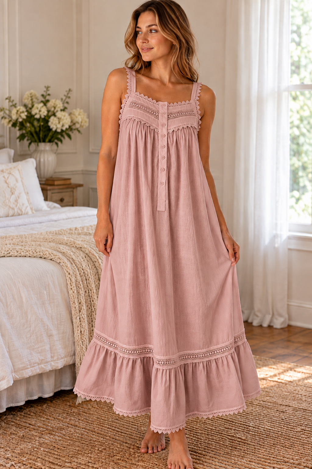 SoieRose Victorian Lace-Trimmed 100% Cotton Nightgown Sleeveless Elegance - SR-1155