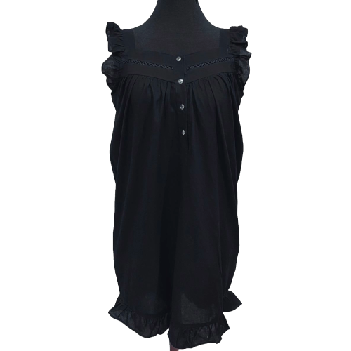 Victorian Black Cotton Nightgown with Ruffle Trim | Sleeveless Sleepwear | SoieRose SR1174